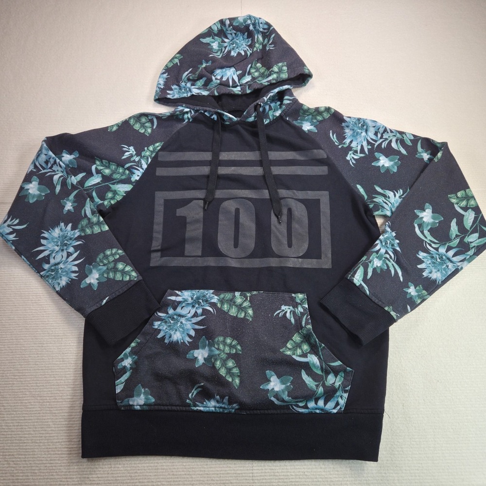 Mens Floral Spellout Pullover Hoodie Black Size Small